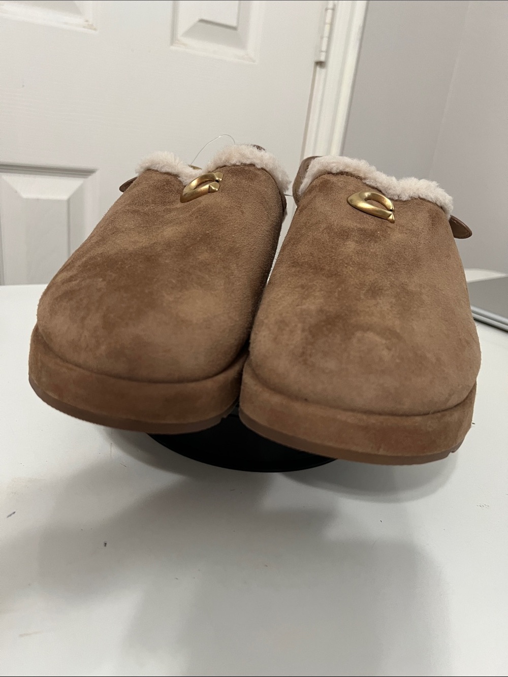 Coach Chestnut Suede Shearling-Trim Clog Mules - Picture 9 of 14